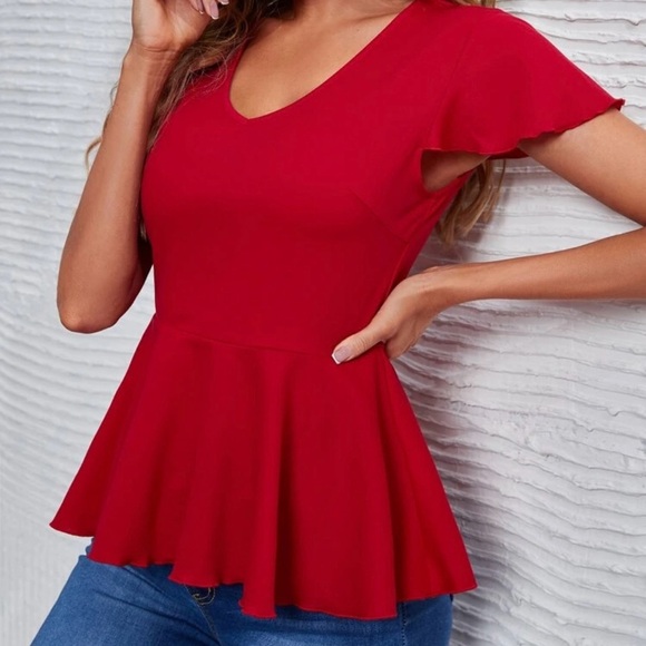 Red Peplum Blouse with Short Sleeves - Picture 3 of 4